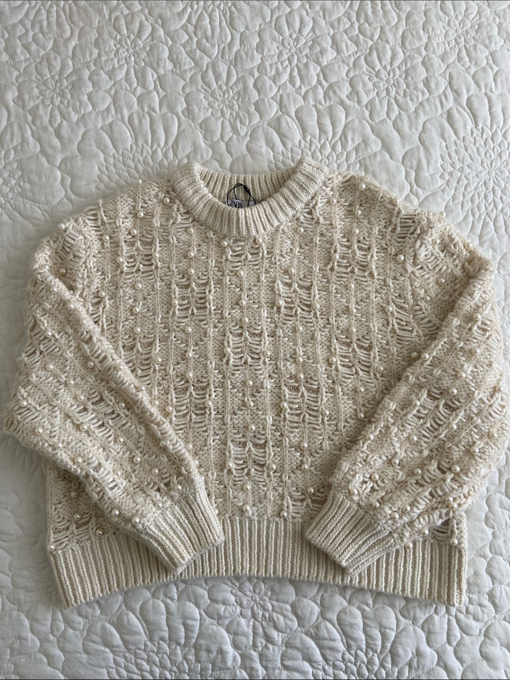 Zara Cream Pearl-Embellished Cable Knit Sweater
